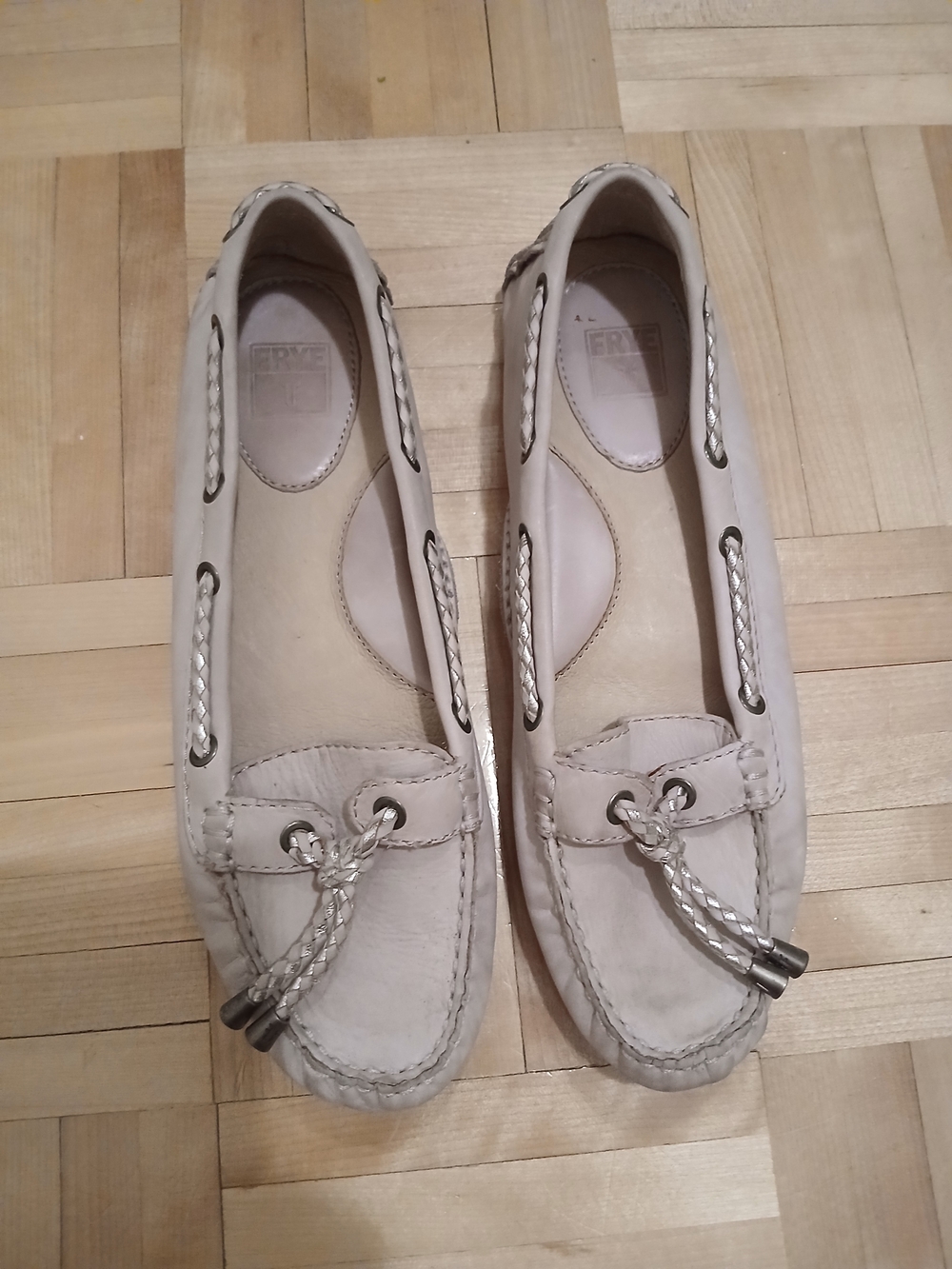 Frye  "Reagan Braided Lace" Ivory Braided-Trim Driving Moccasins.All leather.